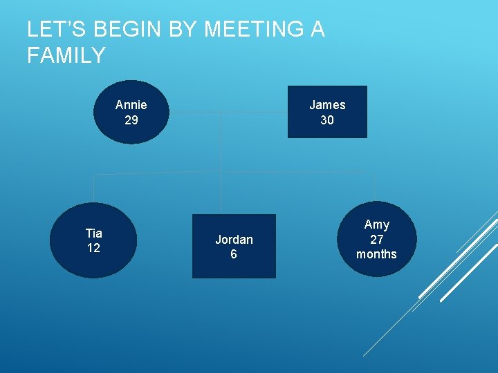 LET’S BEGIN BY MEETING A FAMILY James 30 Annie 29 Tia 12 Jordan 6