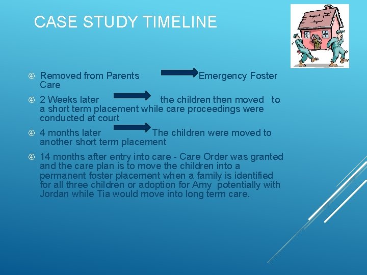 CASE STUDY TIMELINE Removed from Parents Care Emergency Foster 2 Weeks later the children