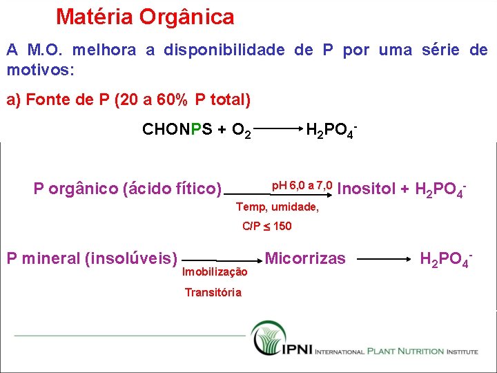 Matéria Orgânica A M. O. melhora a disponibilidade de P por uma série de