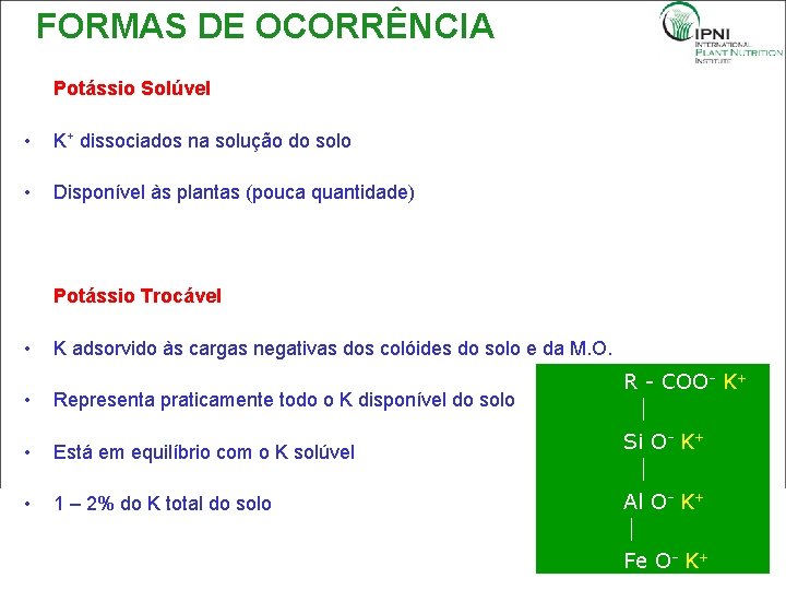 FORMAS DE OCORRÊNCIA Potássio Solúvel • K+ dissociados na solução do solo • Disponível