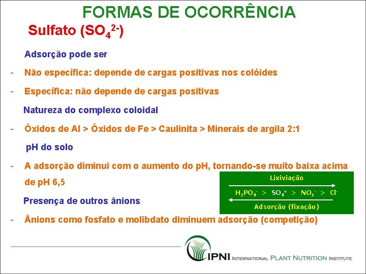 FORMAS DE OCORRÊNCIA Sulfato (SO 42 -) Adsorção pode ser - Não específica: depende