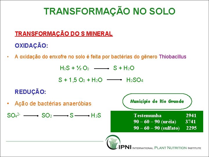 TRANSFORMAÇÃO NO SOLO TRANSFORMAÇÃO DO S MINERAL OXIDAÇÃO: • A oxidação do enxofre no