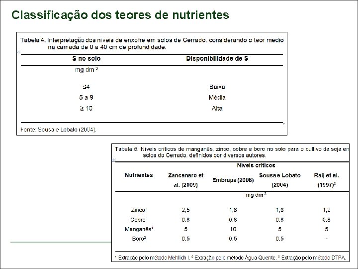 Classificação dos teores de nutrientes 