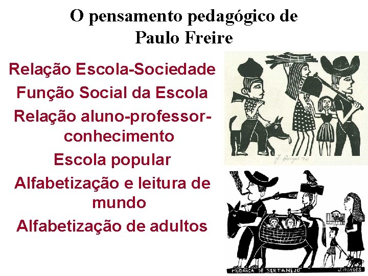 O pensamento pedagógico de Paulo Freire Relação Escola-Sociedade Função Social da Escola Relação aluno-professorconhecimento