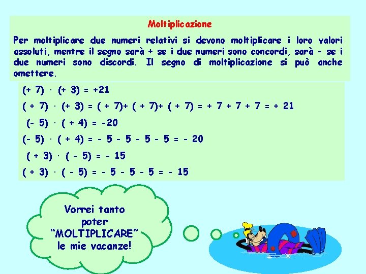 Moltiplicazione Per moltiplicare due numeri relativi si devono moltiplicare i loro valori assoluti, mentre