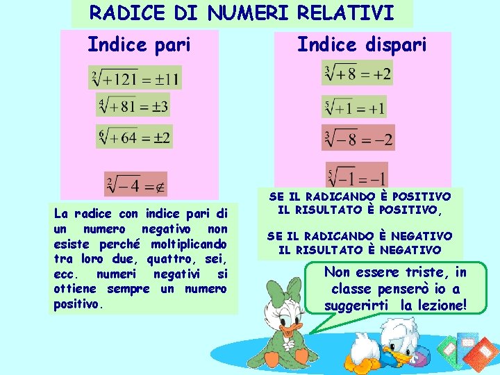 RADICE DI NUMERI RELATIVI Indice pari La radice con indice pari di un numero