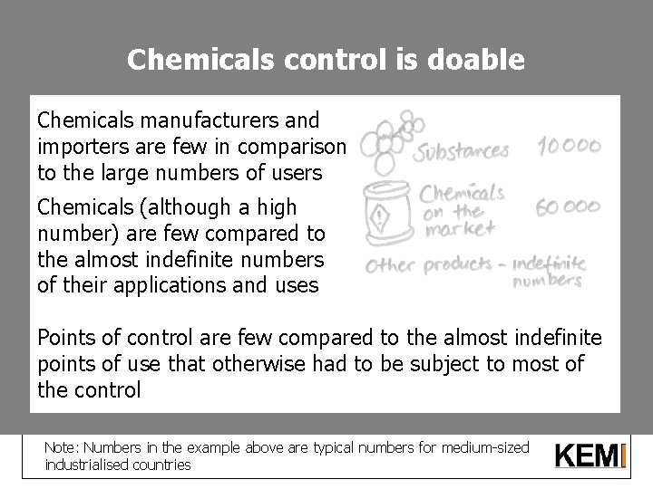 Chemicals control is doable Chemicals manufacturers and importers are few in comparison to the