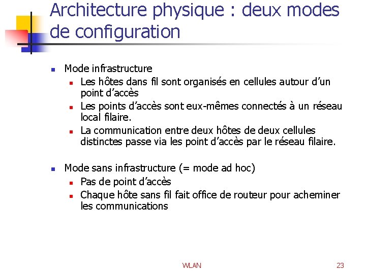 Architecture physique : deux modes de configuration n n Mode infrastructure n Les hôtes