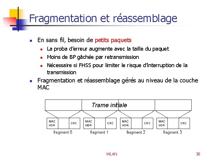 Fragmentation et réassemblage n En sans fil, besoin de petits paquets n La proba