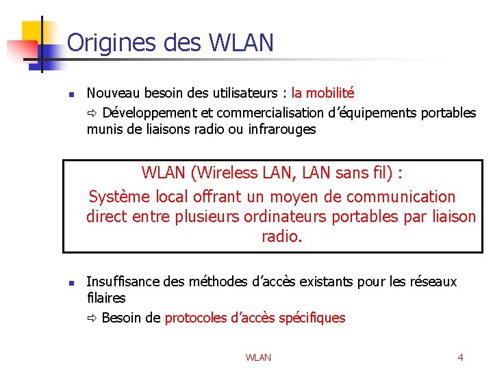 Origines des WLAN n Nouveau besoin des utilisateurs : la mobilité Développement et commercialisation