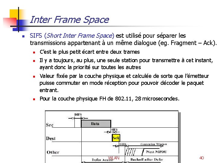 Inter Frame Space n SIFS (Short Inter Frame Space) est utilisé pour séparer les