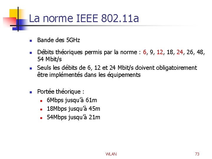 La norme IEEE 802. 11 a n n Bande des 5 GHz Débits théoriques