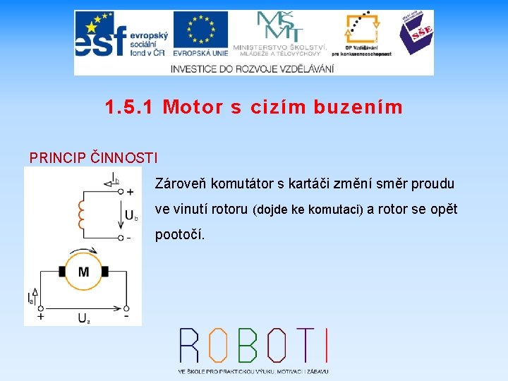 1. 5. 1 Motor s cizím buzením PRINCIP ČINNOSTI Zároveň komutátor s kartáči změní