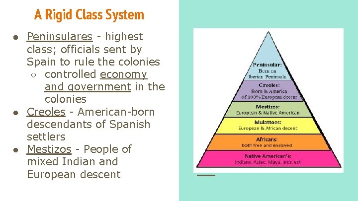 A Rigid Class System ● Peninsulares - highest class; officials sent by Spain to