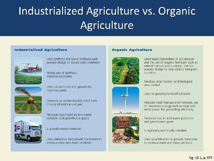 Industrialized Agriculture vs. Organic Agriculture Fig. 12 -1, p. 277 