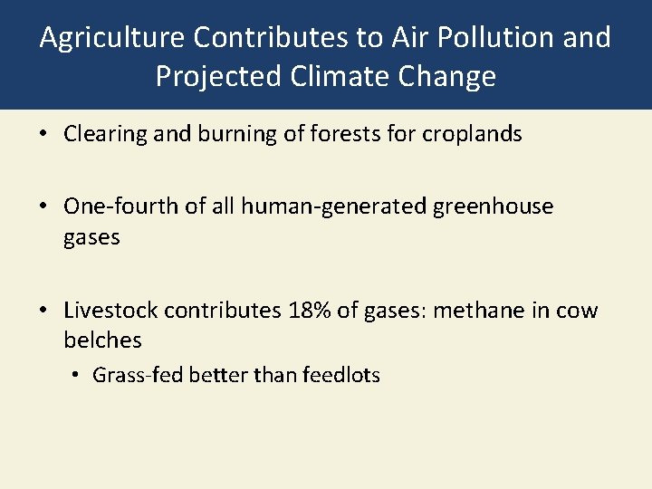 Agriculture Contributes to Air Pollution and Projected Climate Change • Clearing and burning of