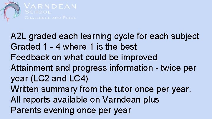 A 2 L graded each learning cycle for each subject Graded 1 - 4