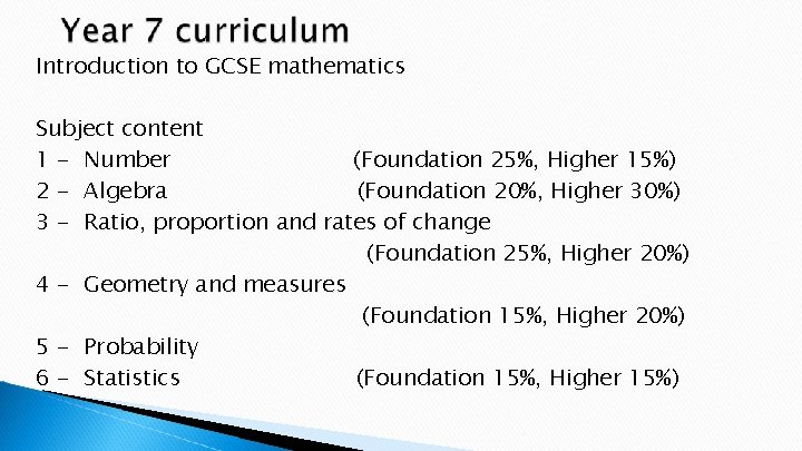 Introduction to GCSE mathematics Subject content 1 - Number (Foundation 25%, Higher 15%) 2