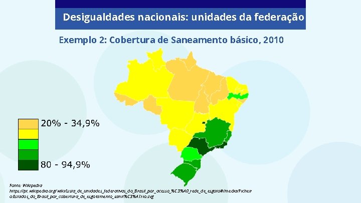 Desigualdades nacionais: unidades da federação Exemplo 2: Cobertura de Saneamento básico, 2010 Fonte: Wikipedia
