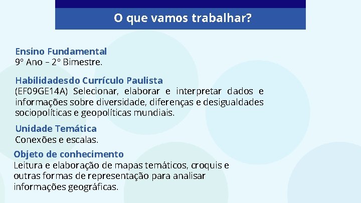 O que vamos trabalhar? Ensino Fundamental 9º Ano – 2º Bimestre. Habilidades do Currículo