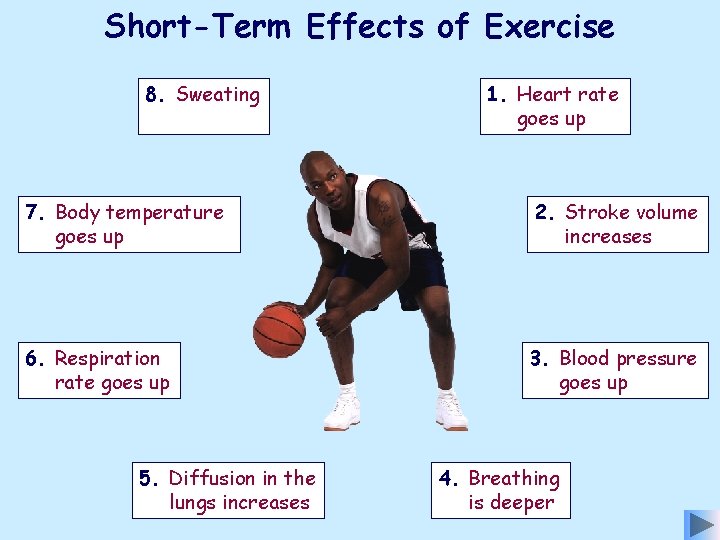 Short-Term Effects of Exercise 8. Sweating 1. Heart rate goes up 7. Body temperature