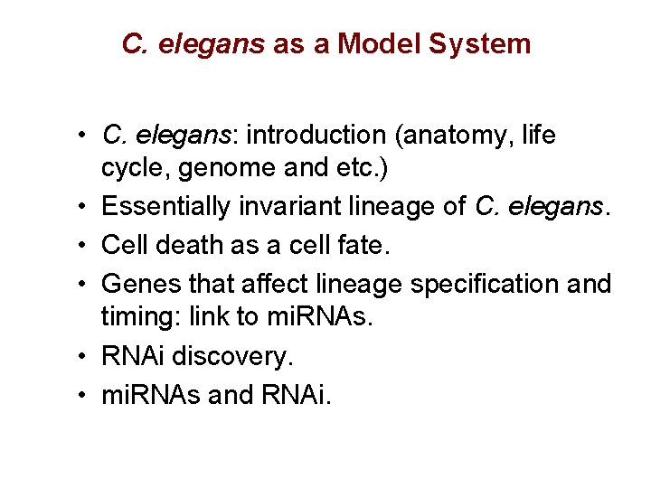 C. elegans as a Model System • C. elegans: introduction (anatomy, life cycle, genome