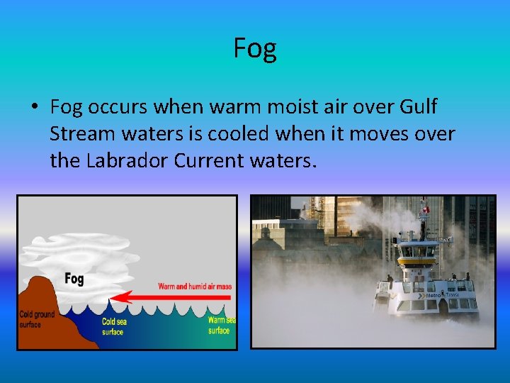 Fog • Fog occurs when warm moist air over Gulf Stream waters is cooled