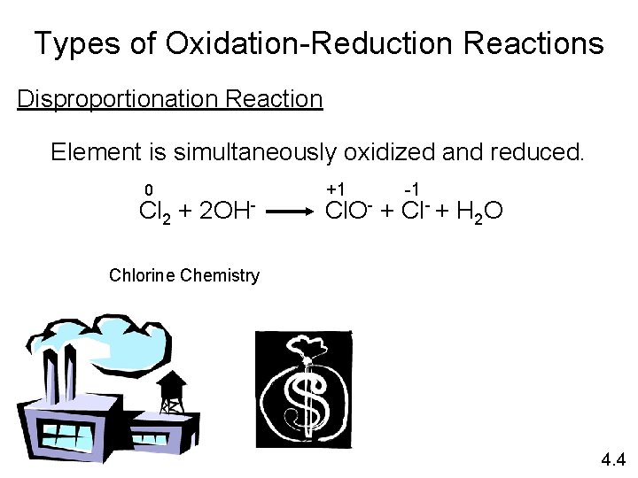 Types of Oxidation-Reduction Reactions Disproportionation Reaction Element is simultaneously oxidized and reduced. 0 Cl