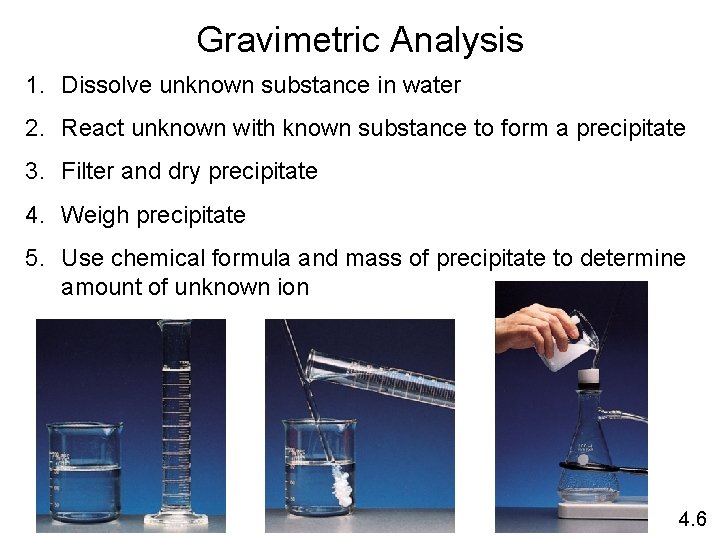 Gravimetric Analysis 1. Dissolve unknown substance in water 2. React unknown with known substance