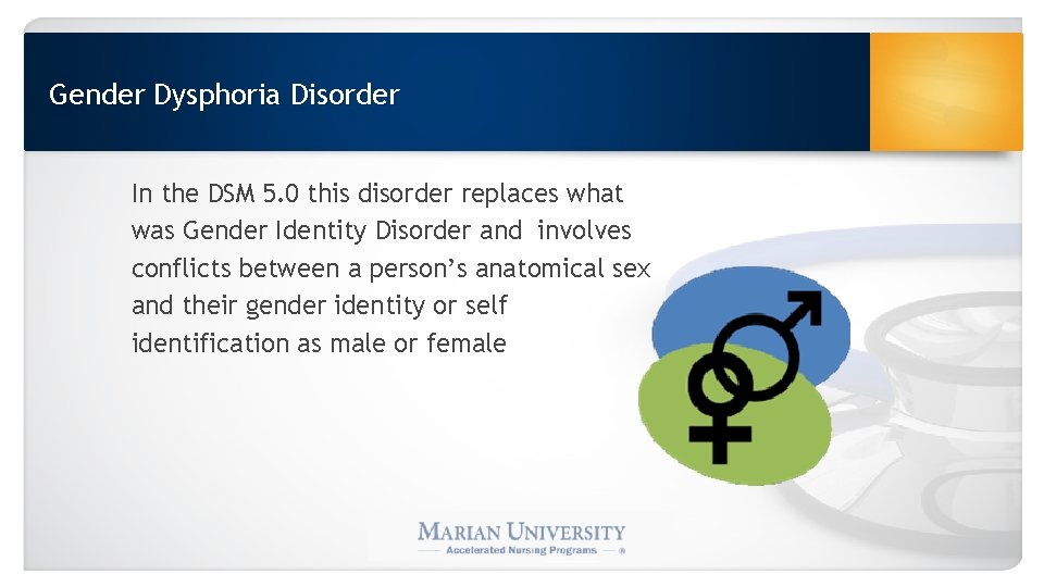 Gender Dysphoria Disorder In the DSM 5. 0 this disorder replaces what was Gender