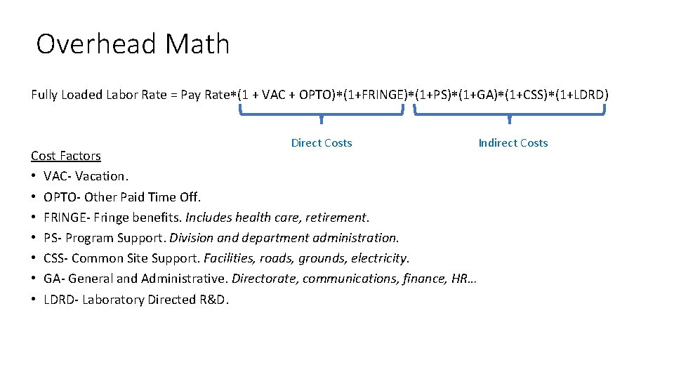 Overhead Math Fully Loaded Labor Rate = Pay Rate*(1 + VAC + OPTO)*(1+FRINGE)*(1+PS)*(1+GA)*(1+CSS)*(1+LDRD) Direct