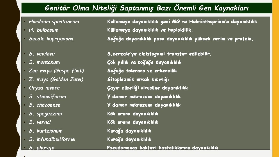 Genitör Olma Niteliği Saptanmış Bazı Önemli Gen Kaynakları • Hordeum spontaneum Küllemeye dayanıklılık geni