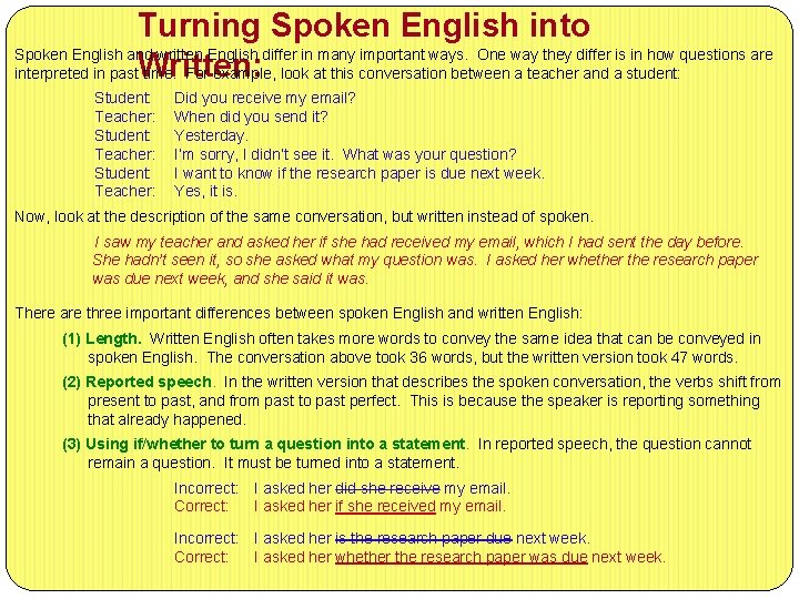 Turning Spoken English into Spoken English and written English differ in many important ways.