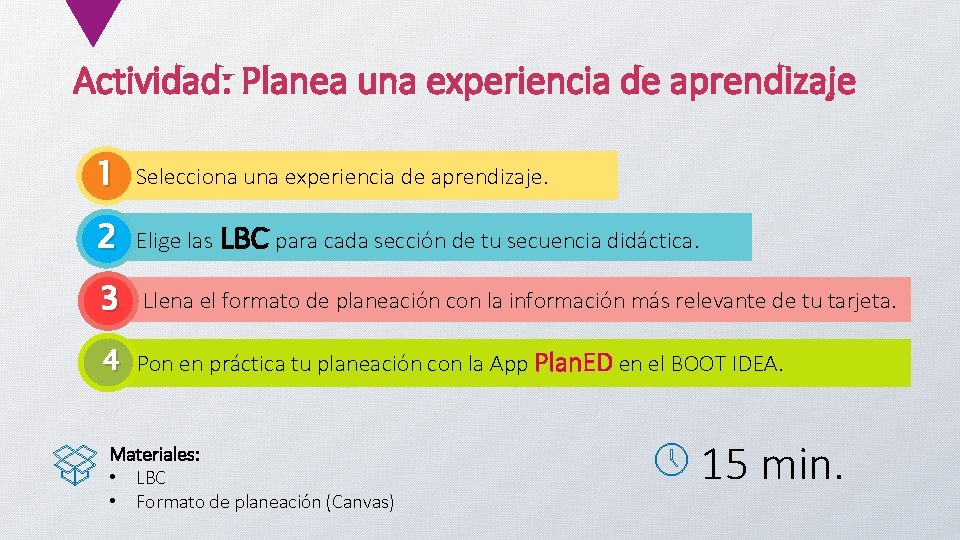 Actividad: Planea una experiencia de aprendizaje 1 Selecciona una experiencia de aprendizaje. 2 Elige