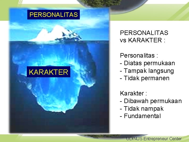 PERSONALITAS vs KARAKTER : KARAKTER Personalitas : - Diatas permukaan - Tampak langsung -