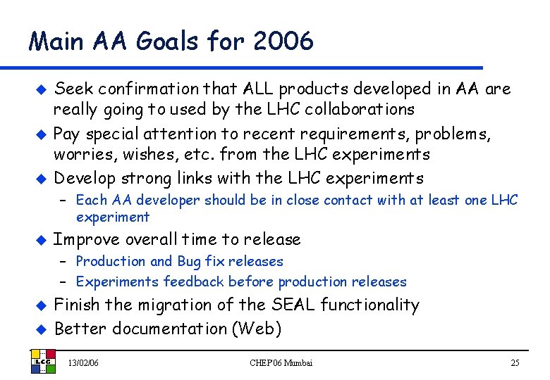 Main AA Goals for 2006 u u u Seek confirmation that ALL products developed