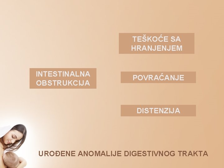 TEŠKOĆE SA HRANJENJEM INTESTINALNA OBSTRUKCIJA POVRAĆANJE DISTENZIJA UROĐENE ANOMALIJE DIGESTIVNOG TRAKTA 