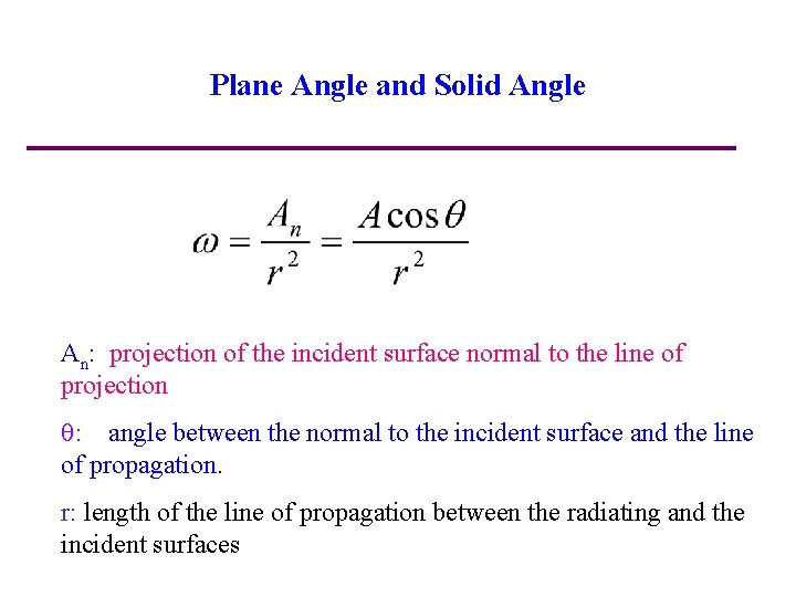 Plane Angle and Solid Angle An: projection of the incident surface normal to the