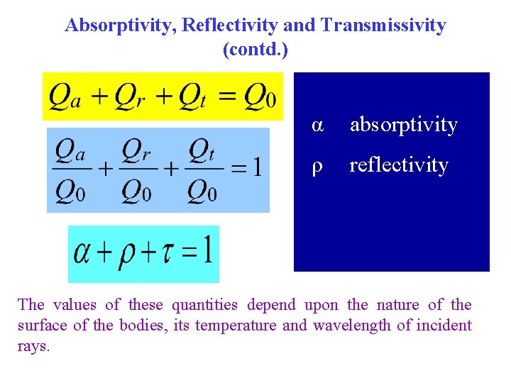 Absorptivity, Reflectivity and Transmissivity (contd. ) α absorptivity ρ reflectivity The values of these