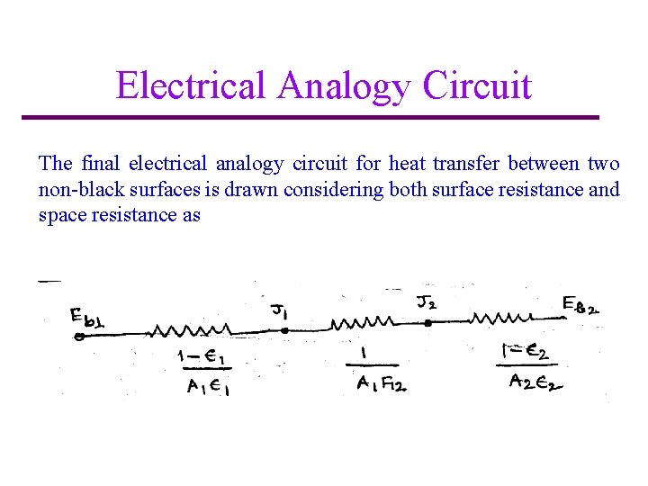 Electrical Analogy Circuit The final electrical analogy circuit for heat transfer between two non-black