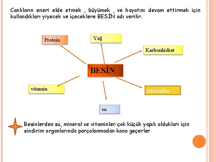 Canlıların eneri elde etmek , büyümek , ve hayatını devam ettirmek için kullandıkları yiyecek