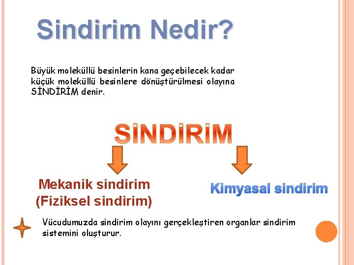 Sindirim Nedir? Büyük moleküllü besinlerin kana geçebilecek kadar küçük moleküllü besinlere dönüştürülmesi olayına SİNDİRİM