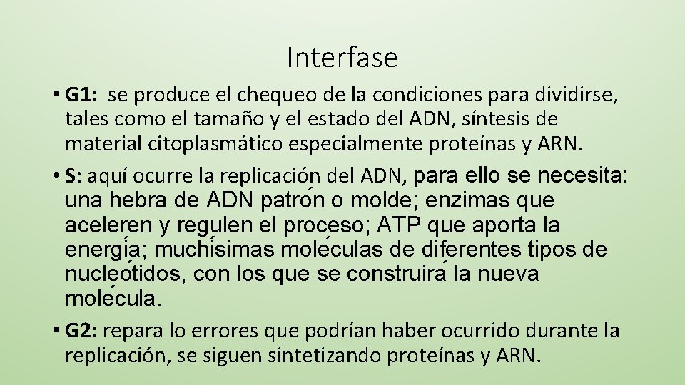 Interfase • G 1: se produce el chequeo de la condiciones para dividirse, tales