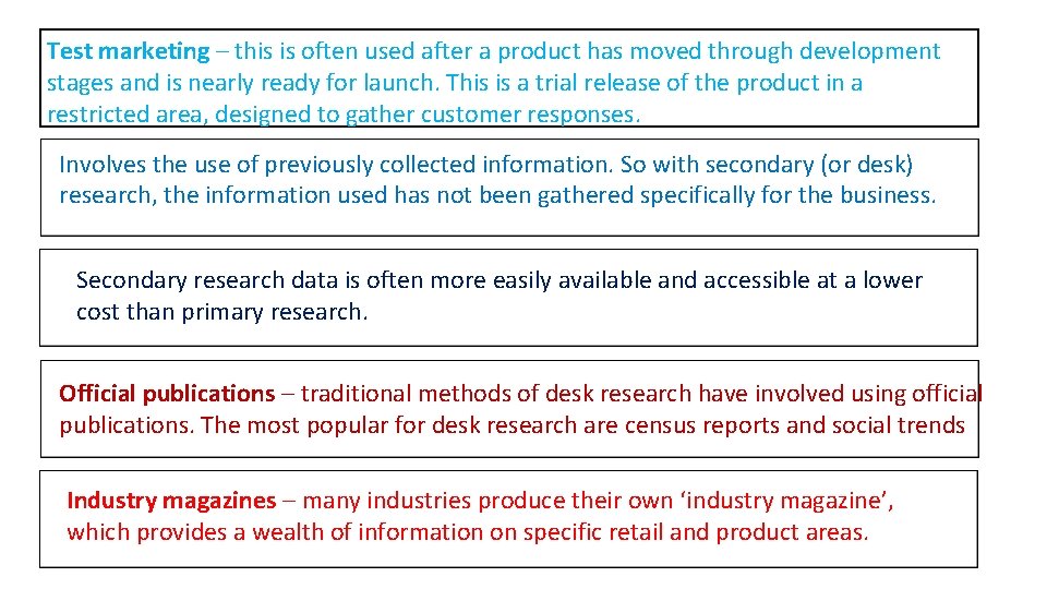 Test marketing – this is often used after a product has moved through development