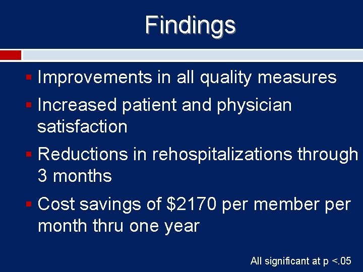 Findings § Improvements in all quality measures § Increased patient and physician satisfaction §