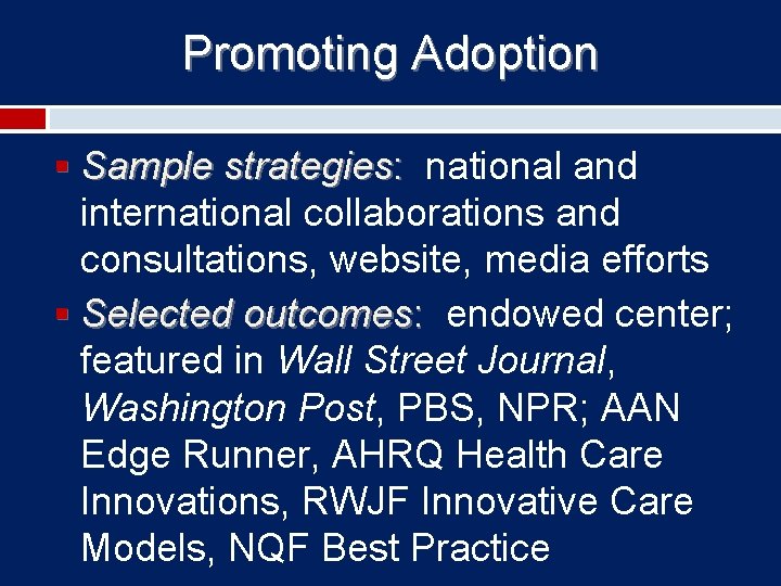 Promoting Adoption § Sample strategies: national and international collaborations and consultations, website, media efforts