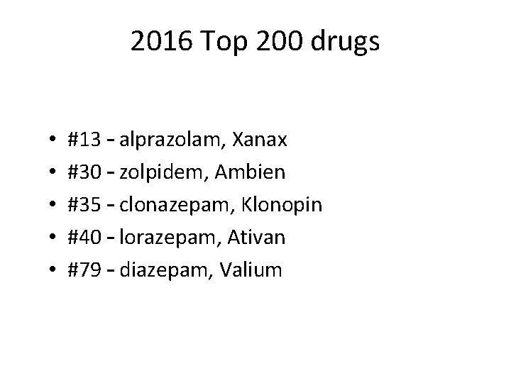 2016 Top 200 drugs • • • #13 – alprazolam, Xanax #30 – zolpidem,