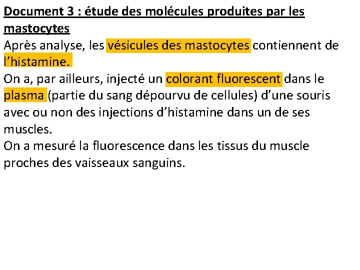 Document 3 : étude des molécules produites par les mastocytes Après analyse, les vésicules