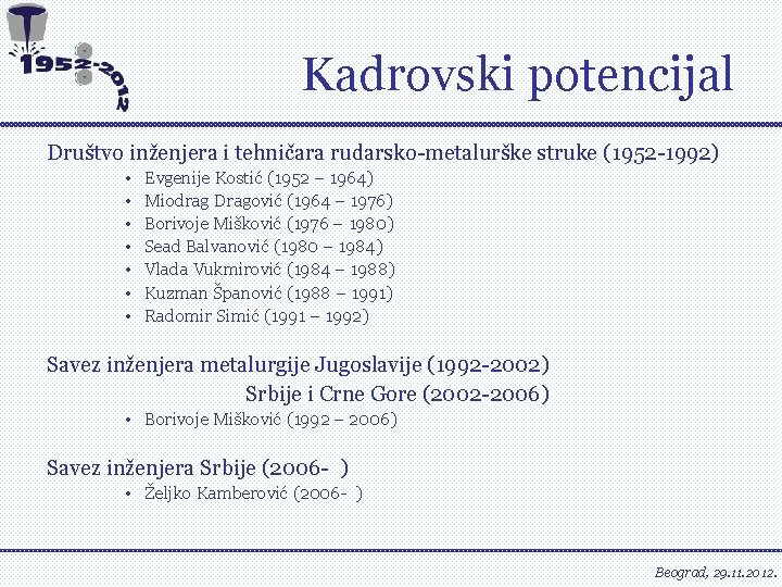 Kadrovski potencijal Društvo inženjera i tehničara rudarsko-metalurške struke (1952 -1992) • • Evgenije Kostić