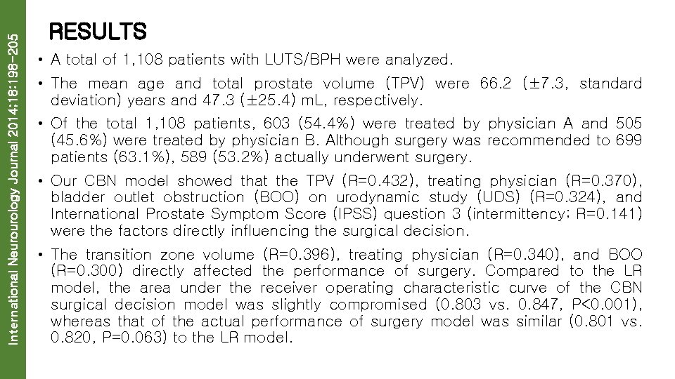 International Neurourology Journal 2014; 18: 198 -205 RESULTS • A total of 1, 108